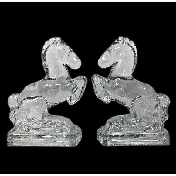 LE Smith Glass Horse Bookends Clear Equestrian Vintage MCM 8" tall Set of 2 - Picture 1 of 12